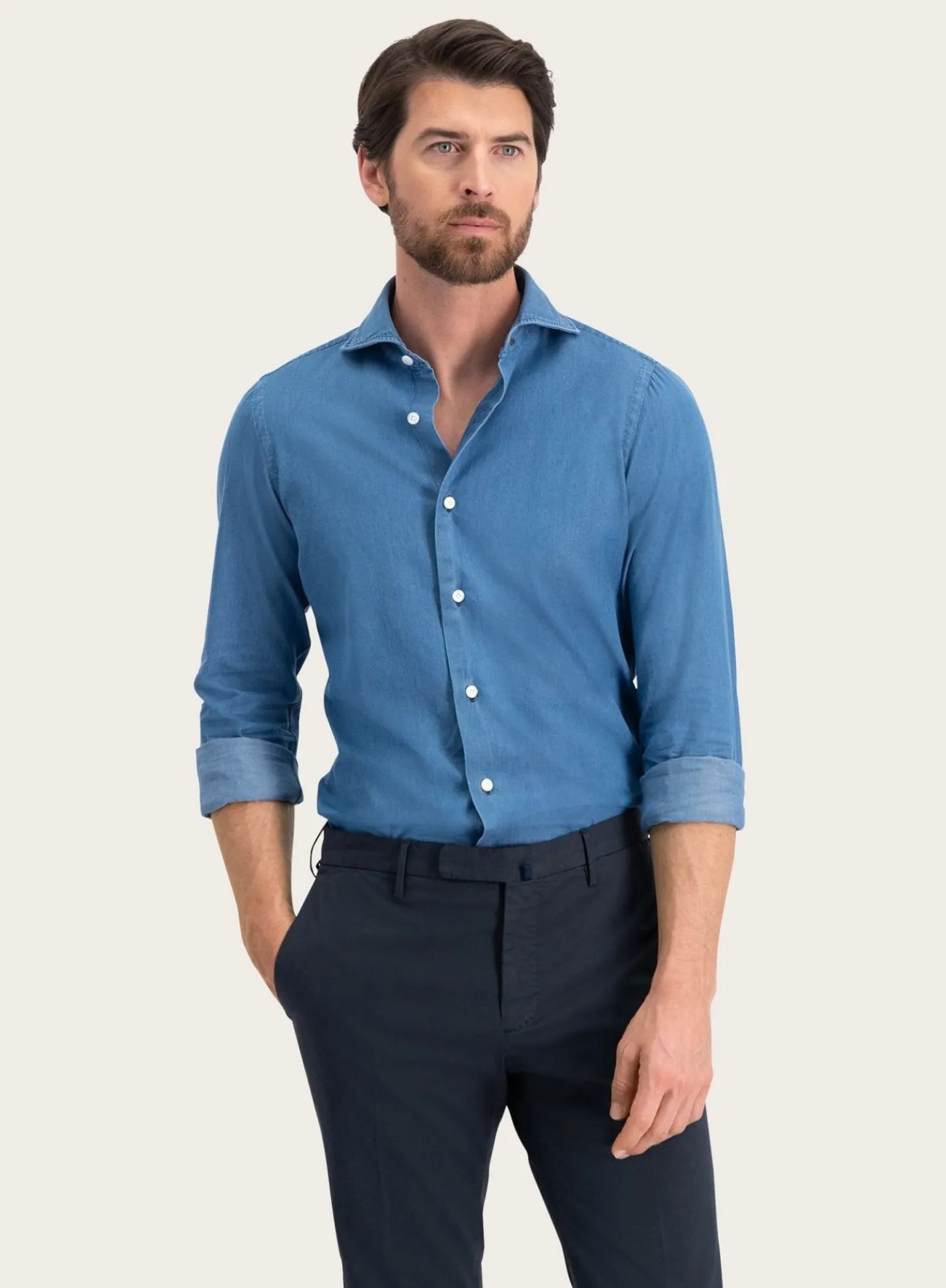 Finamore Denim Shirt Van Katoen Lght Blue Denim Flash Sale