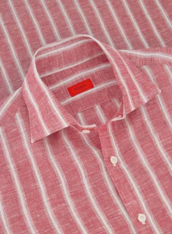 Isaia Gestreepte Polo Van Linnen Rood Clearance